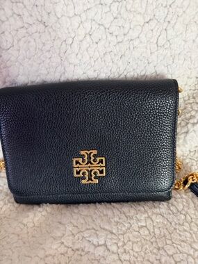 Tory Burch Black Pebbled Leather Crossbody with Gold Logo